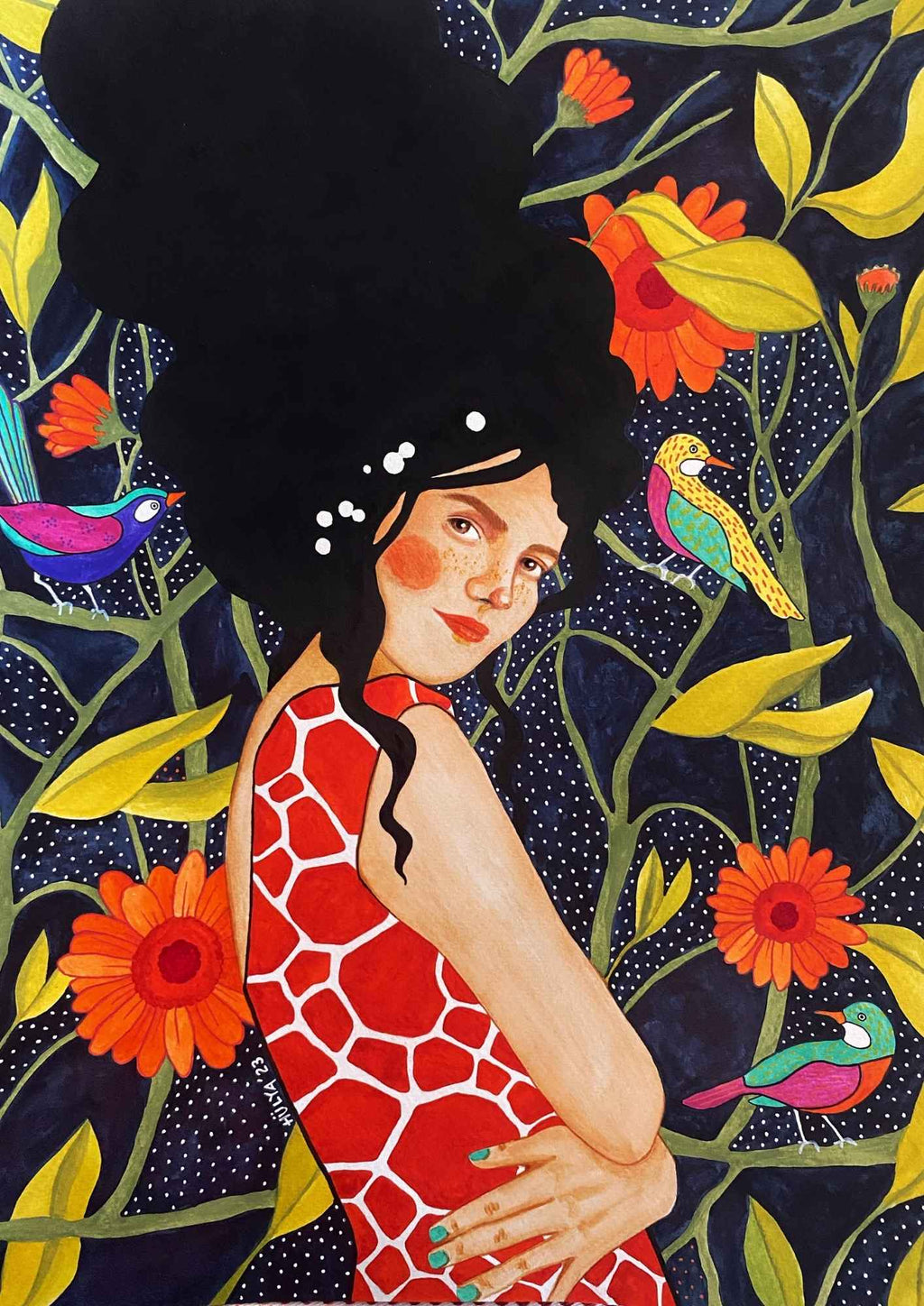 Kvinde og farverige fugle