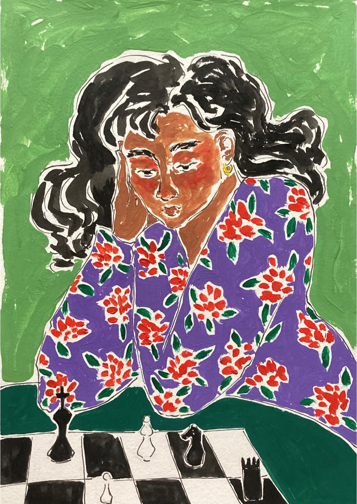 Kvinde ved skakbræt