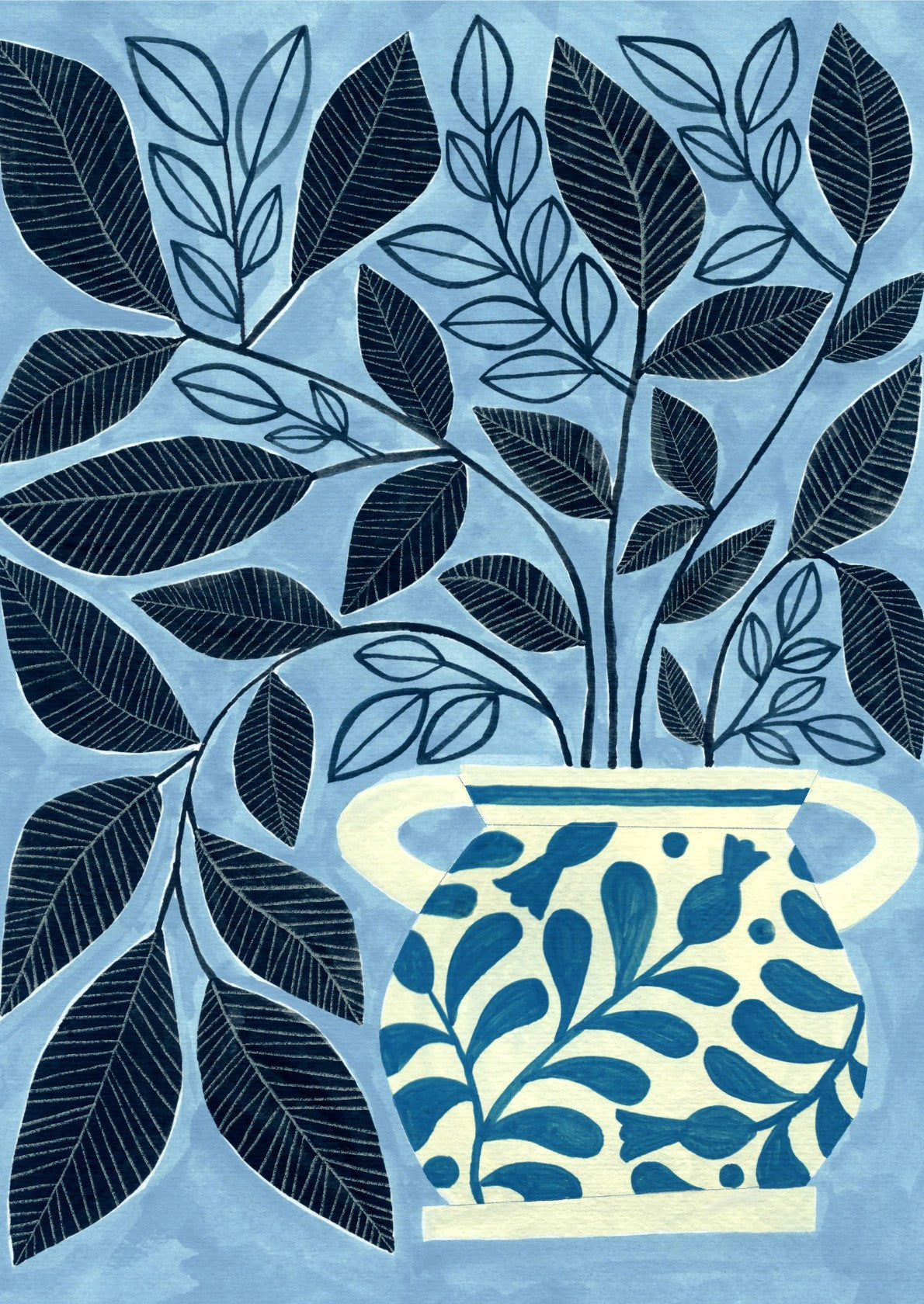 Stylized Blue Leaves In A Decorative Vase