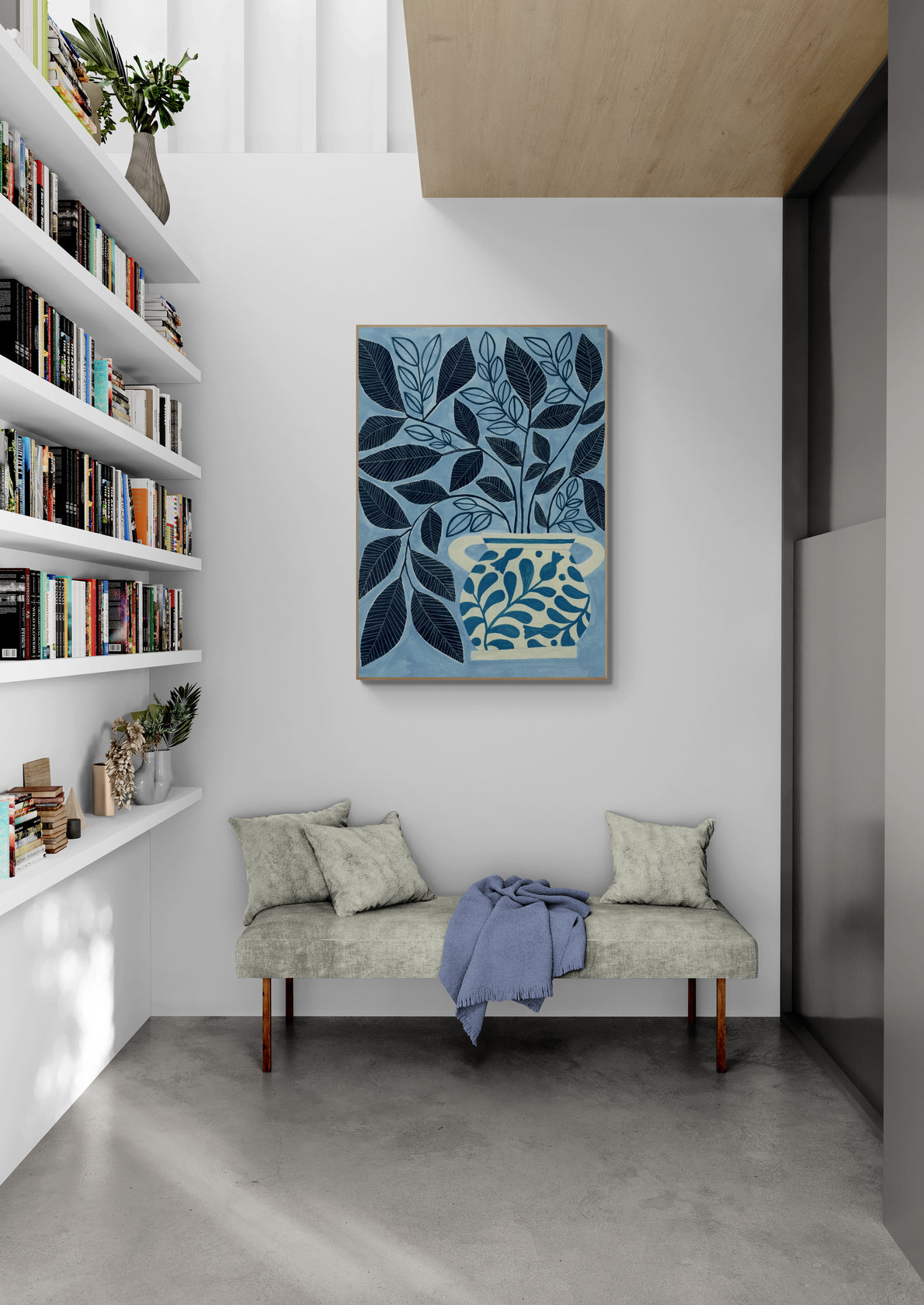 Stylized Blue Leaves In A Decorative Vase