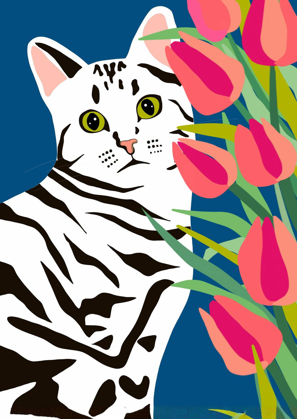 Kat med tulipaner