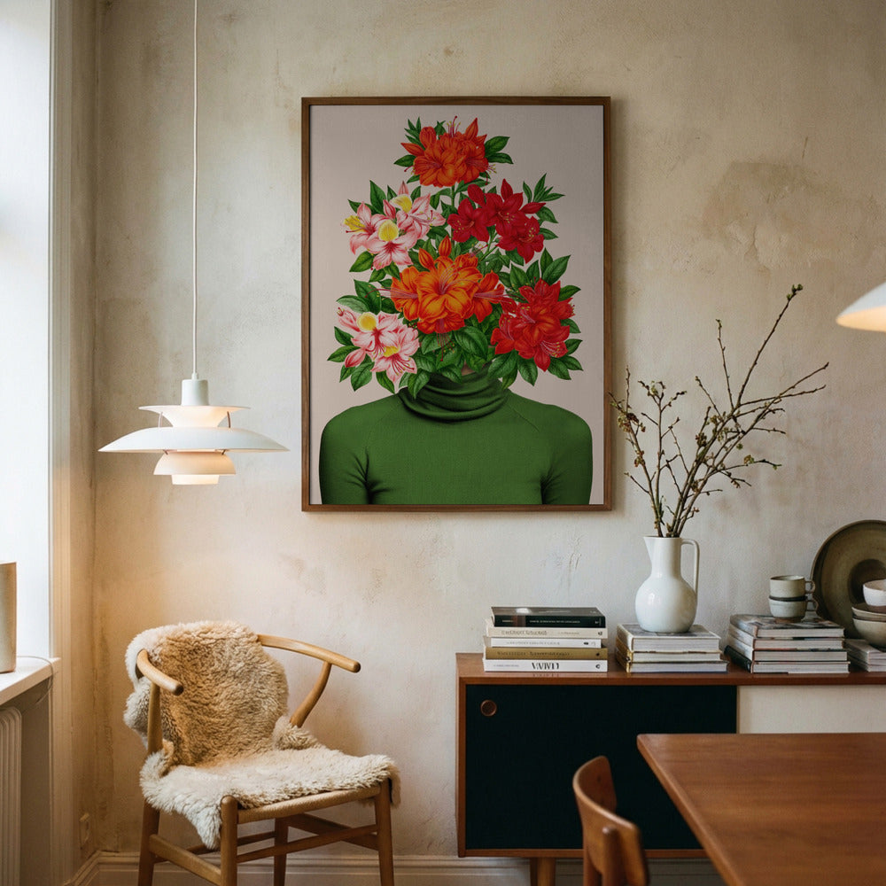 Blomsterhoved med grønt tørklæde